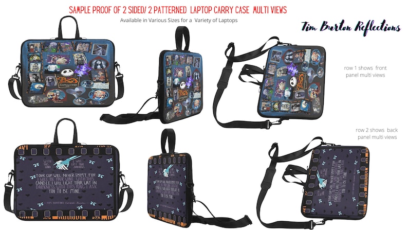 May include: A black laptop carrying case with a zipper closure. The front panel features a collage of images from the movie The Nightmare Before Christmas. The back panel features a quote from the movie. The case is shown in multiple views.