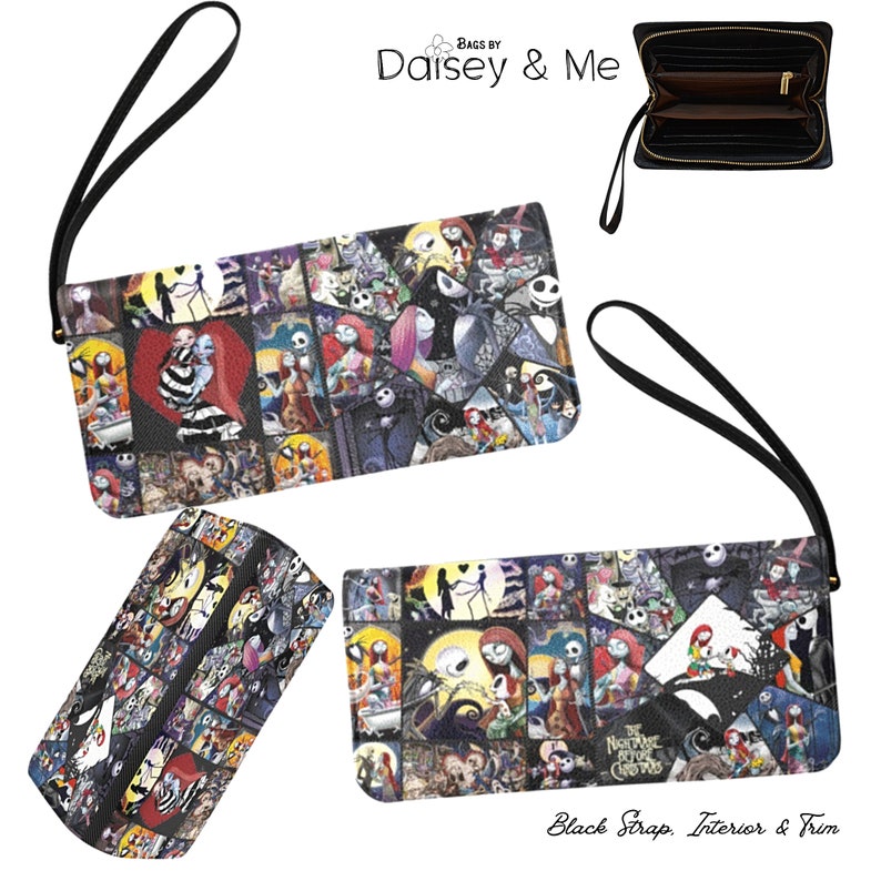 May include: A black wallet with a colorful collage of characters from the Nightmare Before Christmas movie. The wallet has a black strap and a zipper closure. The text "Bags by Daisy & Me" is printed on the top of the image.