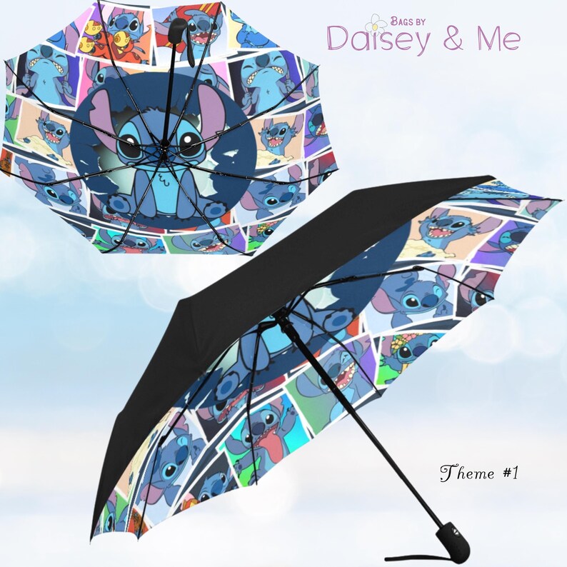 May include: Two open umbrellas with a blue and black design. The umbrellas feature a collage of Stitch from Lilo & Stitch. The text "Bags by Daisey & Me" and "Theme #1" are visible.