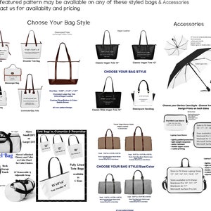 Pode incluir: Uma colagem de diferentes estilos de bolsas e acess&oacute;rios, incluindo bolsas tote, bolsas de viagem e guarda-chuvas. As bolsas est&atilde;o dispon&iacute;veis em v&aacute;rios tamanhos e cores, e podem ser personalizadas com diferentes padr&otilde;es. O texto "Escolha o seu estilo de bolsa" e "Acess&oacute;rios" &eacute; exibido no topo da imagem.