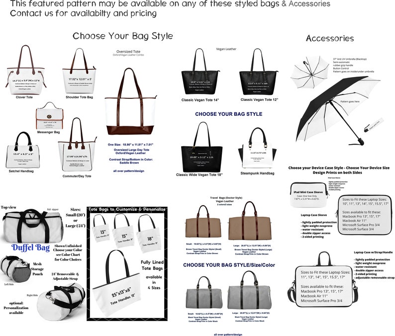 Pode incluir: Uma colagem de diferentes estilos de bolsas e acess&oacute;rios, incluindo bolsas tote, bolsas de viagem e guarda-chuvas. As bolsas est&atilde;o dispon&iacute;veis em v&aacute;rios tamanhos e cores, e podem ser personalizadas com diferentes padr&otilde;es. O texto "Escolha o seu estilo de bolsa" e "Acess&oacute;rios" &eacute; exibido no topo da imagem.