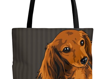 Custom Tote Bag ∙ Long Haired Dachshund ∙ Doxie Art ∙ Dog Mom Tote ∙ Dog Mom Bag ∙ Stripe Book Bag ∙ School Bag ∙ Color ∙ Size ∙ Personalize
