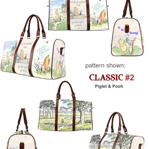 May include: A white canvas doctor bag with brown leather straps and a Winnie the Pooh and Piglet print. The bag has a zipper closure and a top handle. The print features a scene from the Winnie the Pooh story with the text "How do you spell love?" and "You don't spell it, you feel it." The bag is shown from multiple angles.