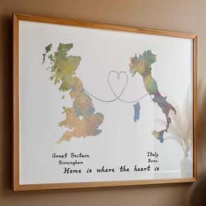 Personalised Map Print - Any two countries - Custom Map Art - Available in 9 Colours