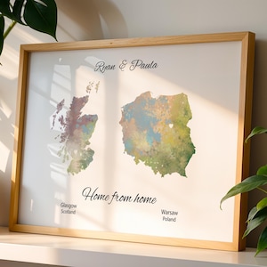Digital Personalised Map Print - Any Two Countries - Custom Map Art - Available in 9 Colours
