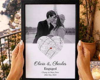 Engagement Photo and Map Print | Custom Engaged Photo and Map Print | Personalised Engagement Print