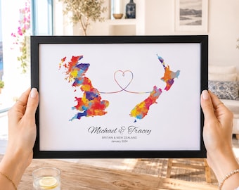 Marriage Gift Map | Personalised Two Country Print | Couple Wall Art | Wedding Keepsake | Long Distance Relationship Gift