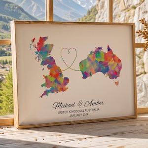 Personalised Map Print - Select two countries - Customisable Map Art - Perfect Travel Gift - Available in 6 Colours