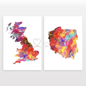 Britain to Poland - Set of 2 - Map Prints - Travel Art Posters - Available in 6 Colours