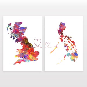 Britain to Philippines - Set of 2 - Map Prints - Travel Art Posters - Available in 6 Colours