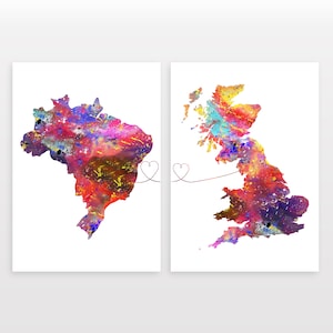 Brazil to Britain - Set of 2 - Map Prints - Travel Art Posters - Available in 6 Colours