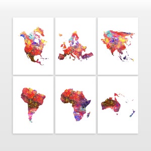 Continents of the World - Set of 6 - Map Prints - Travel Art Posters - Available in 4 Colours