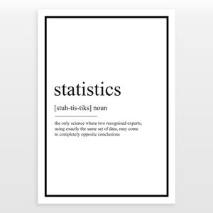 Op de afbeelding: Een witte poster met een zwarte rand toont het woord "statistics" in een vetgedrukte, zwarte letter. Daaronder staat de uitspraak, gevolgd door een humoristische definitie van het vakgebied.