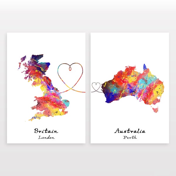 Set of two personalized travel prints - Any two countries - Heart poster - Available in 9 Colours