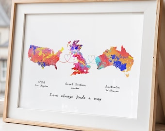 Personalised Map Print - Any three countries - Custom Map Art - Available in 9 Colours