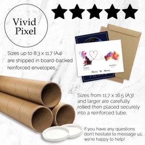 May include: The image showcases prints with a map theme, including a watercolor map of Britain and Australia connected by a heart. The prints are displayed with brown envelopes and cardboard tubes. The text "Vivid Pixel" is visible.