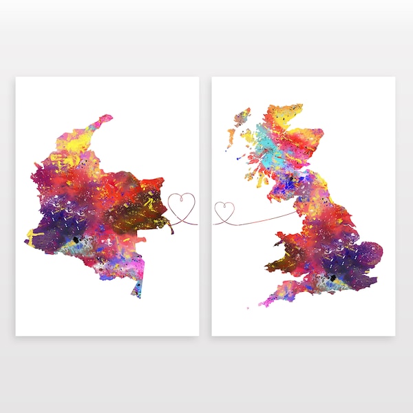 Colombia to Britain - Set of 2 - Map Prints - Travel Art Posters - Available in 6 Colours