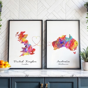 Set of two personalized travel prints - Any two countries - Heart poster - Available in 9 Colours