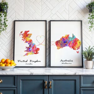 Set of two personalized travel prints - Any two countries - Heart poster - Available in 9 Colours