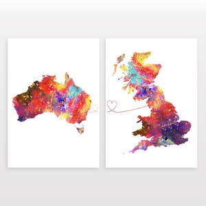 Australia to Britain - Set of 2 - Map Prints - Travel Art Posters - Available in 6 Colours
