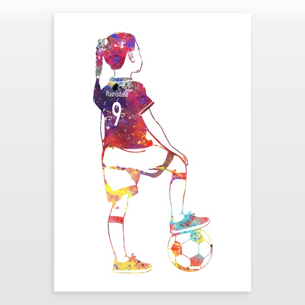 Watercolour Girls Football Print - Personalised Soccer Poster - Available in 4 colours