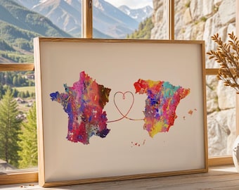 De Francia a España - Póster de viaje - Impresión en acuarela