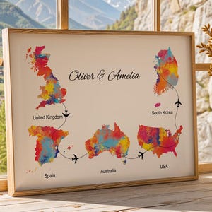Personalised Map Print with linked locations | Custom Travel Adventures Map Print | Personalised Travel Art for Couples | Anniversary Print
