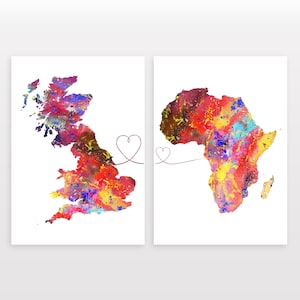 Britain to Africa - Set of 2 - Map Prints - Travel Art Posters - Available in 6 Colours