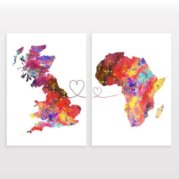 Britain to Africa - Set of 2 - Map Prints - Travel Art Posters - Available in 6 Colours