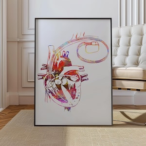 Puede incluir: Una impresión en acuarela enmarcada de un corazón humano con un marcapasos. El corazón está representado en tonos de rojo, amarillo, morado y azul. El marcapasos es un rectángulo amarillo y azul con un cable en espiral.
