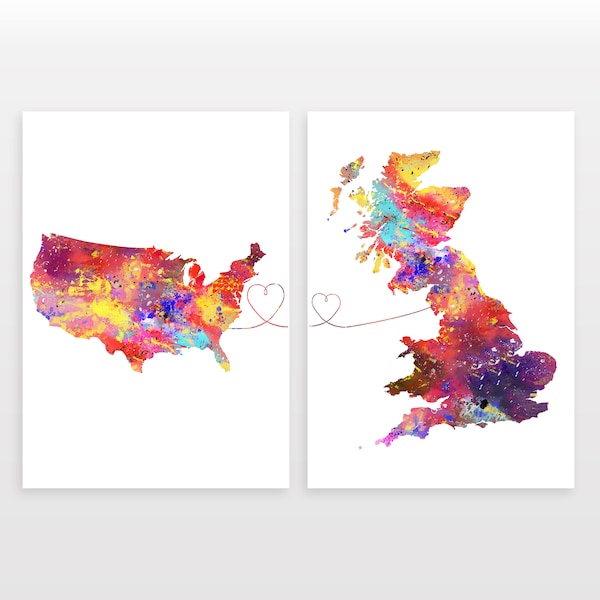 The United States to Britain - Set of 2 - Map Prints - Travel Art Posters - Available in 6 Colours