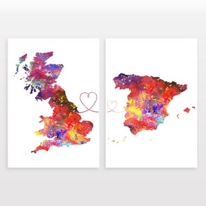 Britain to Spain - Set of 2 - Map Prints - Travel Art Posters - Available in 6 Colours