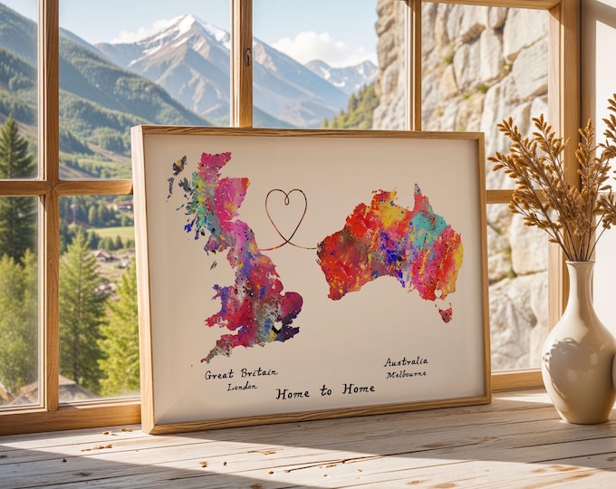 Personalised Map Print - Any two countries - Custom Map Art - Available in 9 Colours