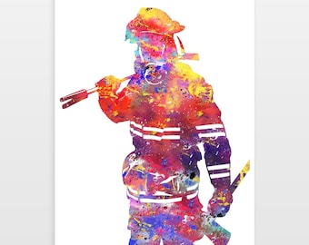 Watercolour Fireman Poster, Minimalist Firefighter Print