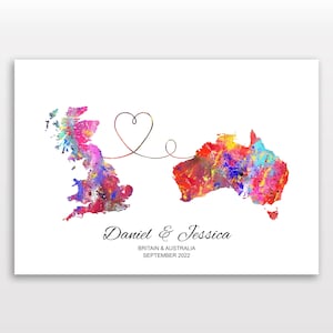 Impression de carte personnalisée - Sélectionnez deux pays - Illustration de carte personnalisable - Cadeau de voyage parfait - Disponible en 6 couleurs