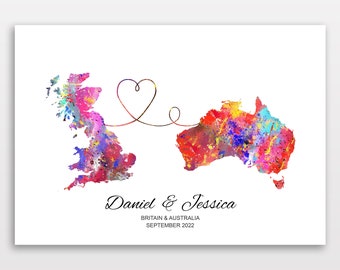 Personalised Map Print - Select two countries - Customisable Map Art - Perfect Travel Gift - Available in 6 Colours