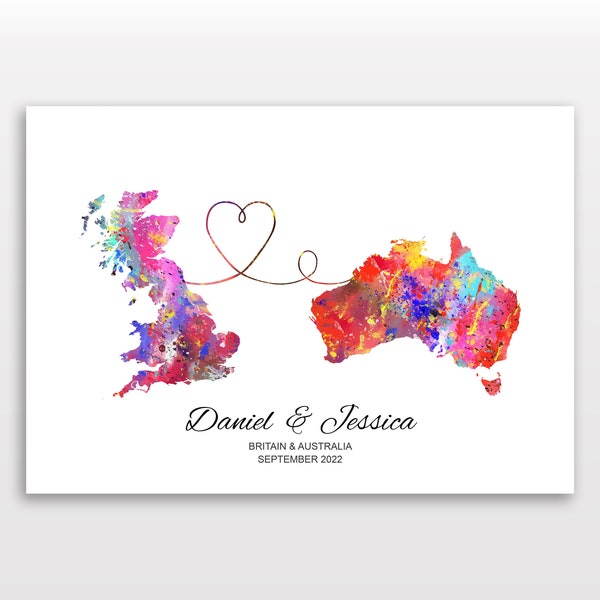 Impression de carte personnalisée - Sélectionnez deux pays - Illustration de carte personnalisable - Cadeau de voyage parfait - Disponible en 6 couleurs