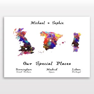 Impresión de mapas personalizada: tres países cualesquiera; arte de mapas personalizado; disponible en 9 colores
