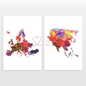 Europe to Asia - Set of 2 - Map Prints - Travel Art Posters - Available in 4 Colours