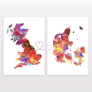 Britain to Denmark - Set of 2 - Map Prints - Travel Art Posters - Available in 6 Colours