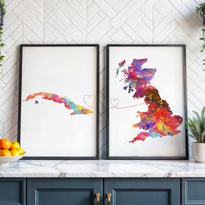 Cuba to Britain - Set of 2 - Map Prints - Travel Art Posters - Available in 6 Colours