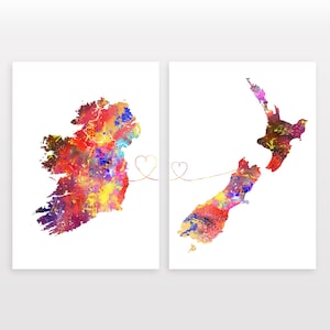 Ireland to New Zealand - Set of 2 - Map Prints - Travel Art Posters - Available in 6 Colours