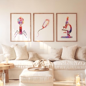 Microscope Poster - Set of 3 - Biological Science Print - Watercolour print