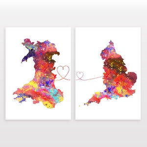 Wales to England - Set of 2 - Map Prints - Travel Art Posters - Available in 6 Colours