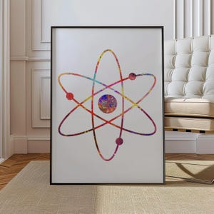Può includere: Una stampa incorniciata con un colorato modello di atomo ad acquerello. Il design include un nucleo centrale ed elettroni in orbita in tonalità di rosso, giallo, blu e viola. L'opera d'arte è esposta su sfondo bianco.
