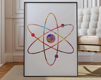 Póster del átomo - Lámina de física atómica - Impresión en acuarela