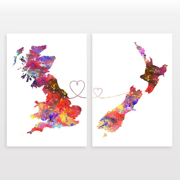 Britain to New Zealand - Set of 2 - Map Prints - Travel Art Posters - Available in 6 Colours