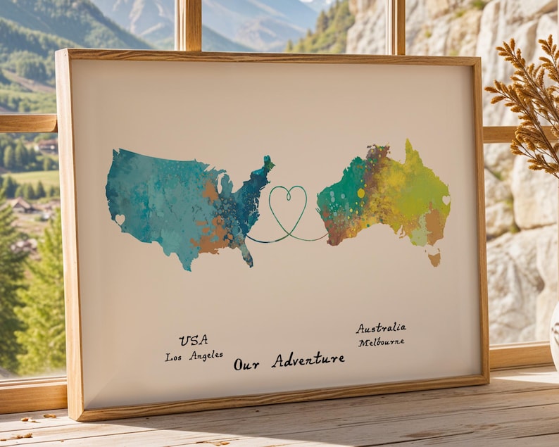 Personalised Map Print - Any two countries - Custom Map Art - Available in 9 Colours Mermaid