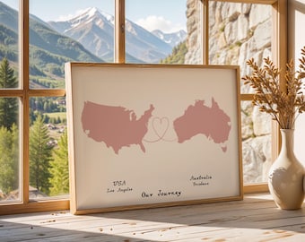 Personalised Map Print - Any two countries - Custom Map Art - Available in 12 Colours