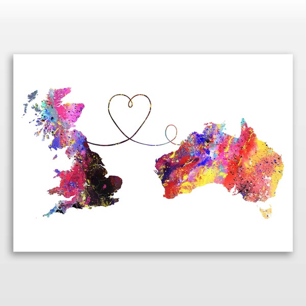 Personalised Map Print - Any two countries - Custom Map Art - Available in 9 Colours